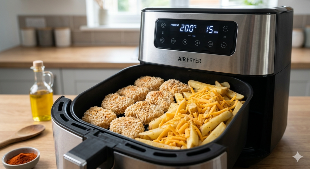 Nuggets et frites au cheddar au Airfryer