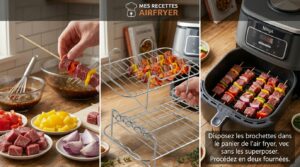 Cuire les brochettes : disposez les brochettes dans le panier de l'air fryer, sans les superposer (procédez en deux fournées si nécessaire selon la taille de votre appareil). Faites cuire 10 à 12 minutes à 200°C, en retournant à mi-cuisson pour une caramélisation homogène sur toutes les faces.