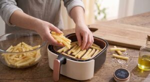 Cuire les frites : disposez les frites dans le panier en une seule couche, sans les entasser (procédez en plusieurs fournées si nécessaire). Faites cuire 18 à 20 minutes à 190°C, en secouant le panier à mi-cuisson pour une dorure homogène.