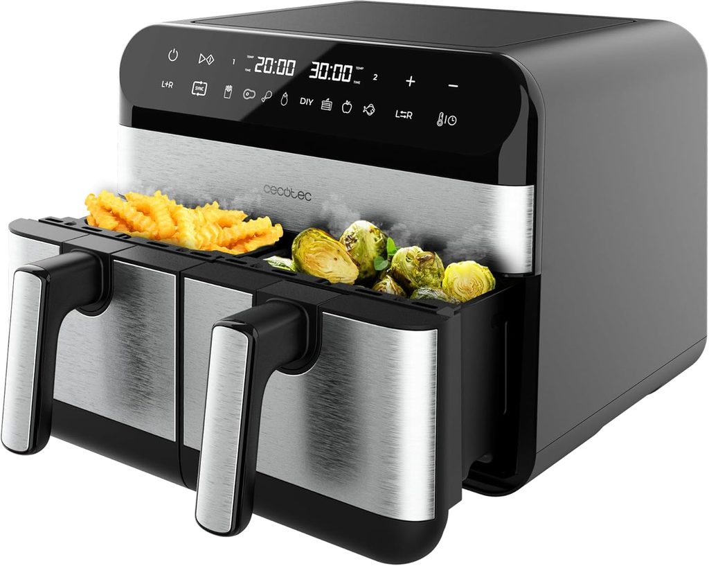 frites fraiches au air fryer Cecotec Friteuse sans Huile Cecofry Advance 9000 Inox.  double bacs