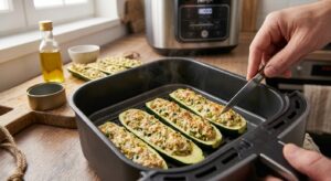Cuire les courgettes farcies Disposez délicatement les courgettes dans le panier, sans les superposer (au besoin, cuisez en deux fournées). Faites cuire 15 à 18 minutes à 180 °C, jusqu'à ce que le dessus soit doré et que la courgette soit tendre lorsqu'on la pique avec la pointe d'un couteau.