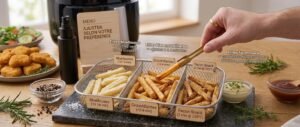 Ajuster selon votre préférence Frites moelleuses → arrêtez vers 13-14 minutes.Frites bien croustillantes → ajoutez 2 à 4 minutes.Frites façon snack → terminez 2 minutes à 205°C si votre appareil le permet.