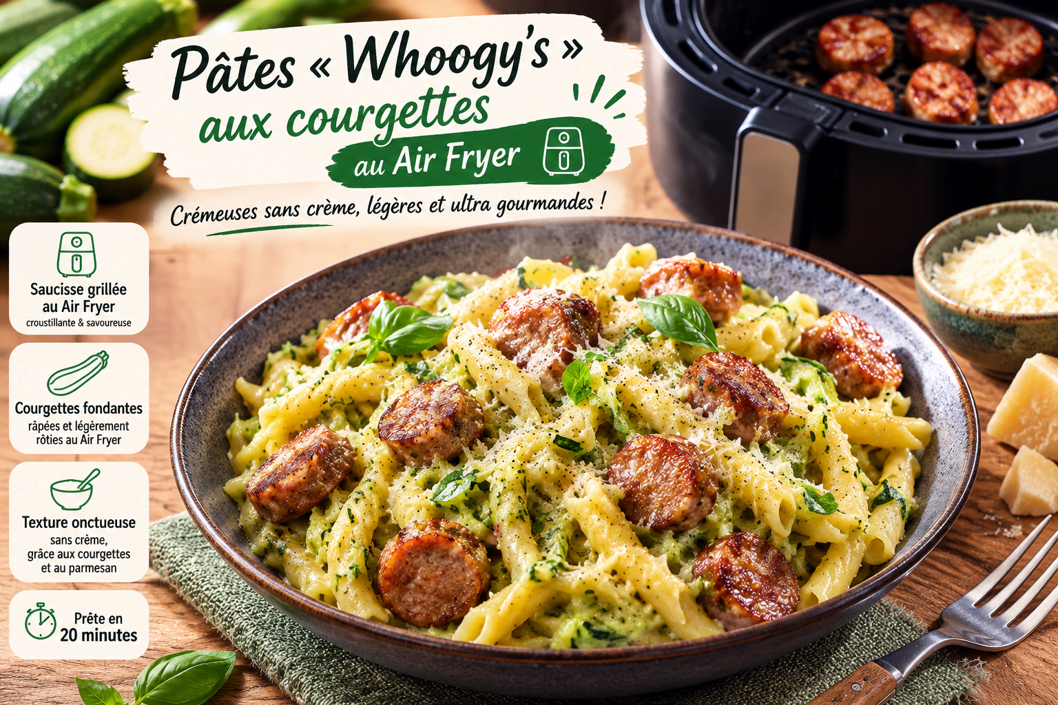 Pâtes Whoogy&rsquo;s Courgettes à l&rsquo;Air Fryer : la recette virale devenue crémeuse sans crème